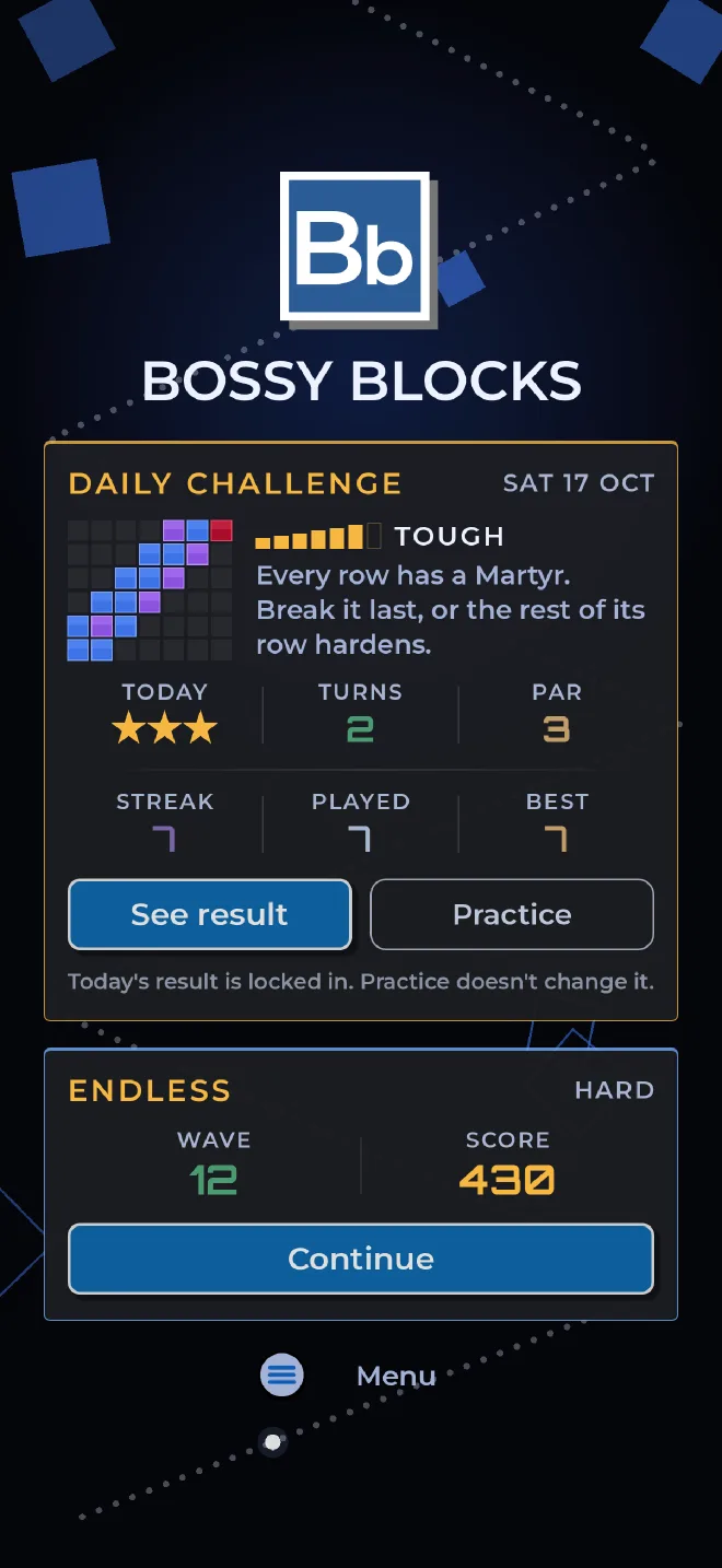 After the attempt: today's three-star result is locked in, with a Practice button to replay the board.