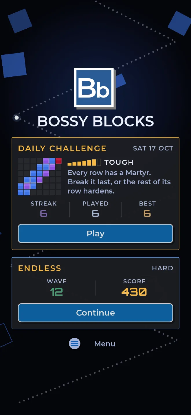 The home screen: today's Daily Challenge with its difficulty, hint and streak, above the endless game.